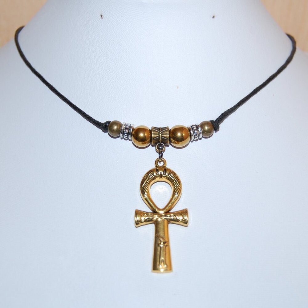 Ankh Cross Necklace,Ankh Necklace,Golden Ankh Cross Cord Necklace